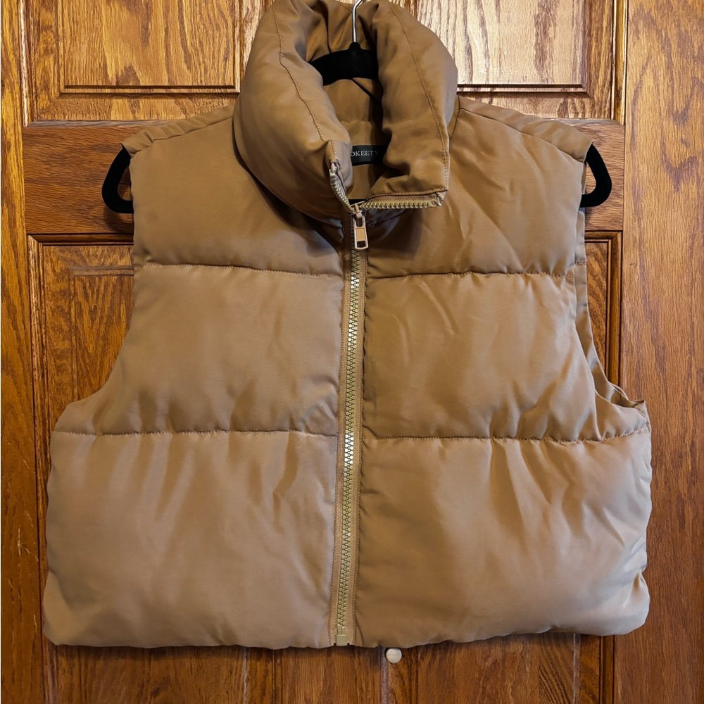 Women's Tan Puffer Vest with High Funnel Collar